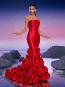 Women's Solid Color Strapless Dress With 3D Floral Decor, Elegant Evening Gown, Formal, Party Dress, For Wedding Guest