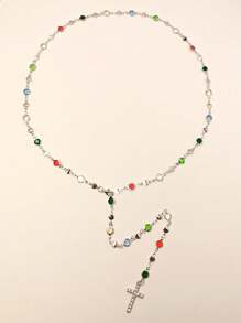 1 pezzo Nuovo gioiello da donna, collana lunga con pendente a croce in metallo, collana choker con cristalli colorati, collana lunga con pendente minimalista, stile bohémien, adatta per uso quotidiano, regalo per amici, colore del cristallo casuale