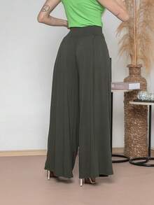 Wide-Leg Loose-Fitting Palazzo Pants In Viscose Fabric, Wide Waistband, High Waist, Pleats - Hunter Green - View 4