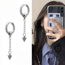 2 PIEZAS Pendientes de aro con punta colgante para hombre, de acero inoxidable, antialérgicos, no desteñibles, con diseño asimétrico de moda - Plateado - Ver 5