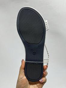 New Summer Women Roman Style Casual Flat Sandals, Solid Color Beach Vacation Fashion PU Leather Woven Beach Festival Wedding Party Office Outdoor, Spring/Summer - White - View 6