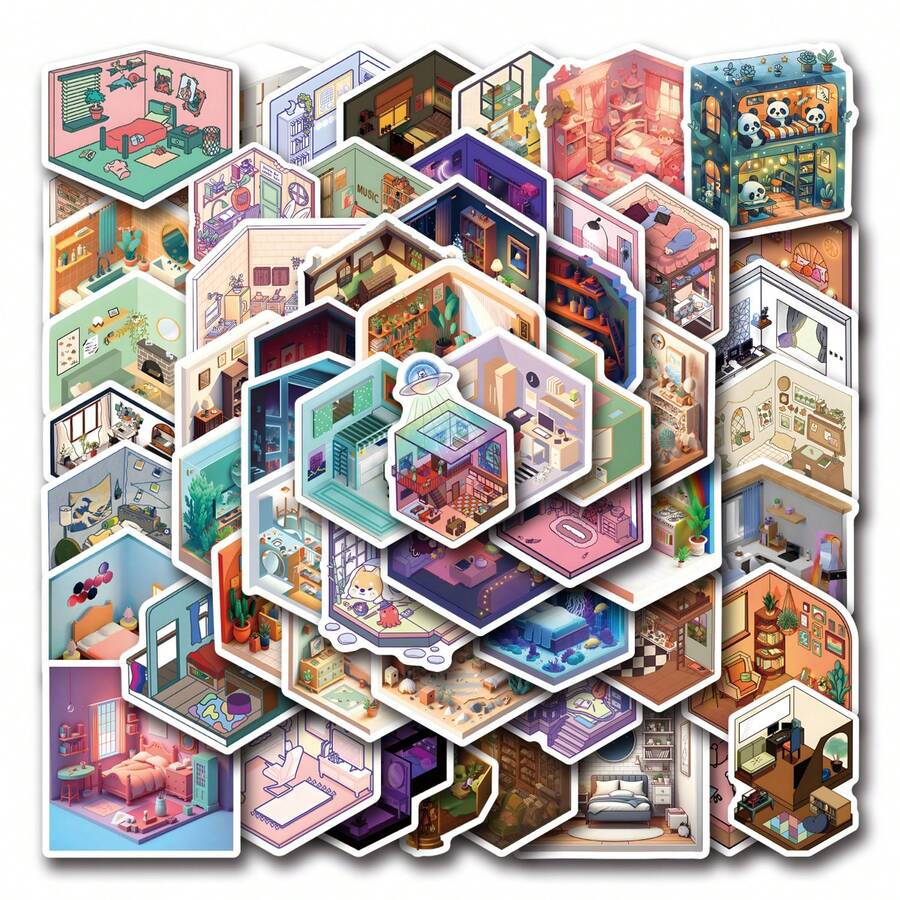 55 Stücke Haus-Motiv Aufkleber Vinyl Ästhetik Aufkleber für Scrapbooking, Tagebücher, Laptop, Stoßstange, Skateboard, Wasserflasche, Computer, Handy, Cartoon, Helm, Auto