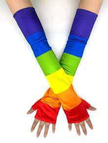 1 Pair Rainbow Striped 6-Color Patchwork Unisex Adult Fingerless Gloves, Suitable For Halloween, Holiday Parties, Parades, All Seasons - A - View 2