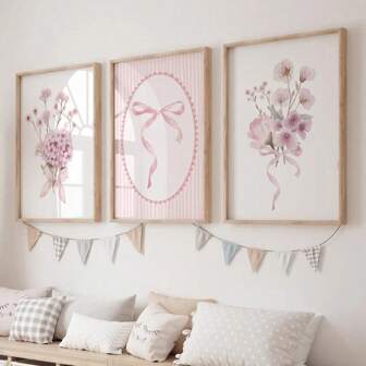 1/3件套无框可爱粉色蝴蝶结花卉植物儿童房墙面艺术海报帆布画简约女婴房美学装饰画，适用于儿童房、游戏室、卧室、现代家居装饰