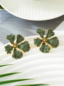 1 Pair Asymmetrical Green Floral Oil Drop Design Lady Earrings, Suitable For Holiday/Travel/Date Wear