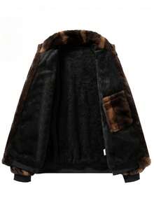 1pc Men's Long Sleeve Outdoor Warm Thermal Lined Faux Fur Coat, Fall/Winter - Coffee Brown - View 2