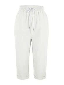 Jisfaneya Solid Color Drawstring Waist Pleated Effect Fabric Gray Straight Leg Capri Pants, Versatile Spring/Summer Capri Pants Suitable For Vacation, Daily Wear And Home - Granny Gray - View 3