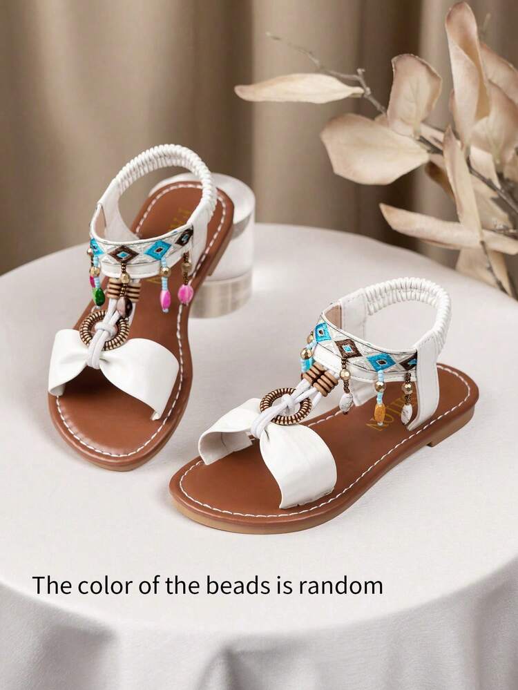 1 Pair Fashionable Children's Bohemian Style Hook And Loop Sandals, Comfortable Durable Beach Design Sandals With Random Beads Color - Beige - View 7