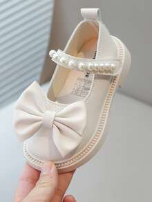 New Kids Girls Pearl Bow Design Princess Flat Shoes - Beige - View 3