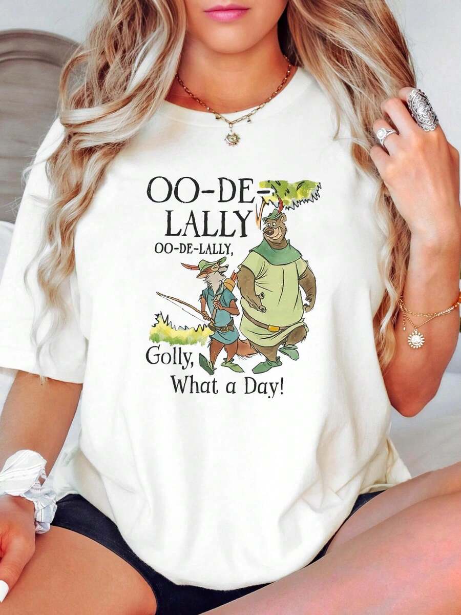 180g Pure Cotton Retro Robin Hood And Little John Oo De Lally Golly What A Day Shirt, Disney Robin Hood T-Shirt, Funny Disney Outfit, Disney Family Trip Breathable Casual Women Stretched Versatile Stylish Unisex Streetwear Fashion Graphic Top For Everyday Wear Soft