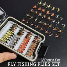 24/38 件/盒干蝇/湿蝇，用于鳟鱼钓鱼，飞蝇套装，人造饵，混合款式，飞蝇，飘带，材质：人造羽毛和人造丝