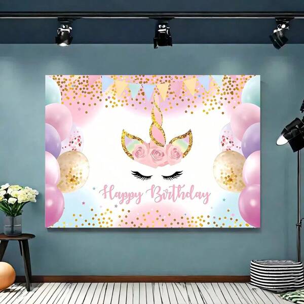 1pc Unicorn Background Happy Birthday Party Decor, Girls Watercolor Flower Glitter Star Polka Dot Unicorn Cake Table Banner Photo Booth Backdrop Indoor/Outdoor Home Decoration