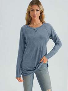 QUEENTI Ladies' Fashionable And Comfortable Long-Sleeved T-Shirt With A Round Neck And Loose Casual Top - Mist Blue - View 3