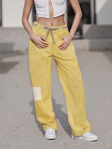 Women Striped Pants, Elastic Waist Drawstring Patchwork Wide Leg Pants Loose Trousers with Pockets - Amarillo - Ver 3