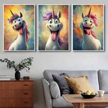 3PCS Fun Unicorn Face Wall Arts Decoration Posters, Suitable For Living Room, Bedroom Home Decoration Modern Painting Optional Frame