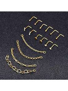 1 set de 16 pièces Punk Style Bagues de nez en acier inoxydable en forme de cœur avec 3 strass, argenté et doré, ensemble de bijoux pour femmes