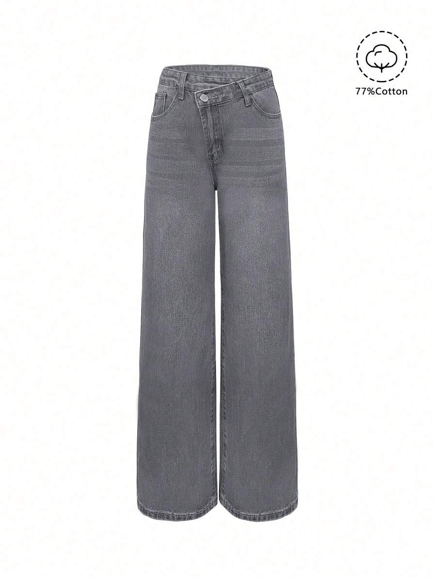 Vintage hellgraue Jeans, Damen Mode Design Lässig Straight Loose Schräg Knopf Jeans, Frühling/Sommer - Hellgrau - Übersicht 1