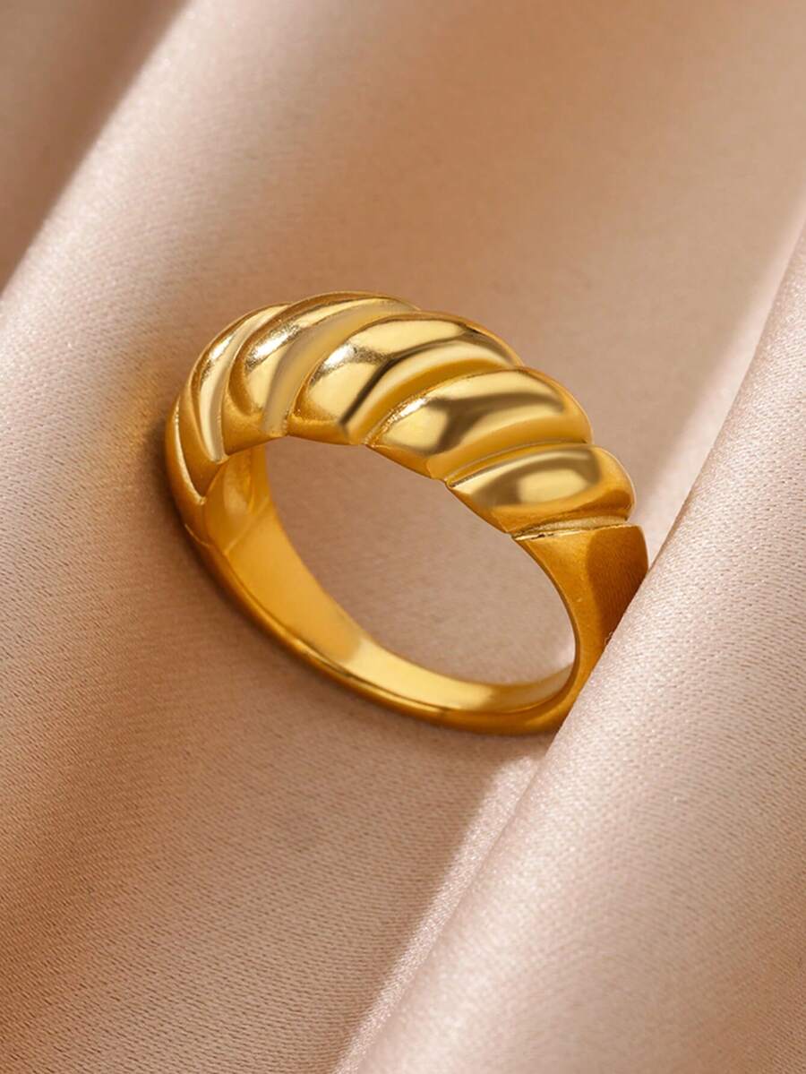 1 件优雅法式羊角面包戒指女士不锈钢金色结婚情侣指环女式唯美珠宝礼物 - 彩色 - 查看 1