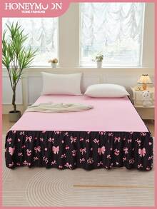 1pc Pink Butterfly Print Ruffled Bed Skirt, Classic Style, Soft & Fashionable, 100% Microfiber, 15-Inch Drop, Machine Washable, Suitable For Home Bedding And Dorm - Multicolor - View 2