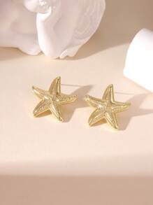 MESTILO 1 Pair Gold-Tone Scallop Sea Star Stud Earrings, Suitable For Women's Daily And Resort Wear