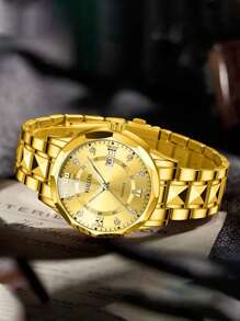 Reloj de cuarzo de marca de lujo para hombre, de acero inoxidable dorado, con fecha, visualización del día de la semana, acentos de diamantes y esfera luminosa
