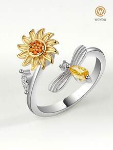 1 件奢华时尚镀金/镀银锆石旋转指尖戒指，女士缓解焦虑蝴蝶指节戒指，婚礼珠宝缓解压力可调节开口戒指 - 彩色 - 查看 4