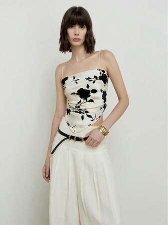 Women's Summer Satin Acetate Floral Print Asymmetric Hem Camisole