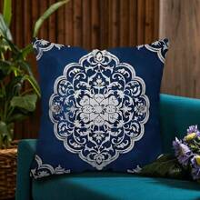 TOPSSCTR Set Of 4 Traditional Geometric Blue Porcelain Pattern Throw Pillow Covers, Polyester Zippered Cushion Cases, Machine Washable Woven Decorative Pillowcases For Various Room Types, 45cm X 45cm - No Insert, Single Side Design