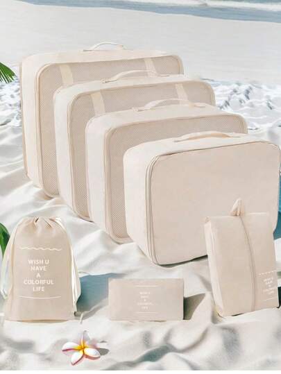 7pcs Portable Travel Organizers Set, Made Of Lightweight Crease-Resistant Fabric, Includes Clothes Packing Cubes, Transparent Shoe Bags, Cosmetic Pouch, Toiletry Bag, Laundry Mesh Bag, Efficient Compartment Design For Suitcase & Home Wardrobe Dividers