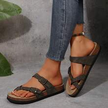 Womens Sandals Comfort Cork Footbed Adjustable Buckle Strappy Casual Walking Hiking Sandals Summer Beach Sandals - Retro Gray - View 3