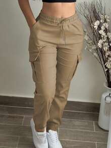 Fashion Solid Color Casual Loose Drawstring Waist Cargo Pants Spring - Khaki - View 3