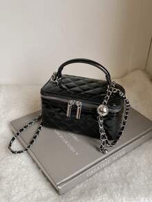 1 件时尚 PU 绗缝钻石缝拉链手拿包，百搭女士手提包，配有可拆卸肩链 - 黑色 - 查看 1