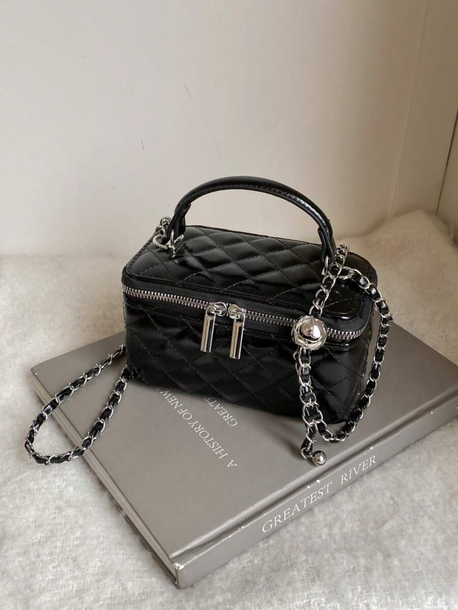 1 件时尚 PU 绗缝钻石缝拉链手拿包，百搭女士手提包，配有可拆卸肩链 - 黑色 - 查看 1