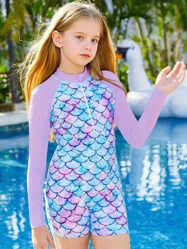 1 pieza Traje de baño de una sola pieza con estampado de escamas de sirena de manga larga para niñas, de tela elástica de secado rápido, con detalles de cremallera, adecuado para piscina, playa de verano y surf