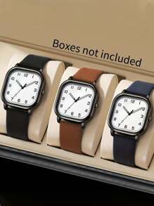 1 pieza Reloj de pulsera de cuarzo clásico y de moda para hombre con correa y esfera cuadrada, diseño minimalista casual, sin caja