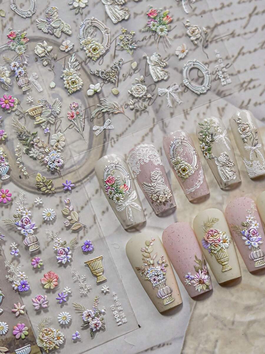 1张复古文艺复兴美甲贴纸 - 天使、花朵、花瓶、相框设计，优雅自粘美甲贴纸，适合DIY和美甲沙龙使用，采用聚酯纤维材质，表面压纹，非常适合嘉年华美甲和礼品，12个月礼物，美甲用品
