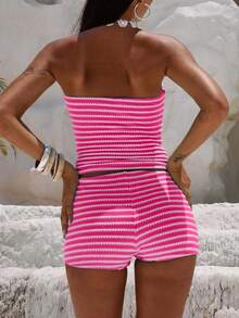 Women Stripe Cropped Fitted Fashionable Bandeau Top - Hot Pink - View 6