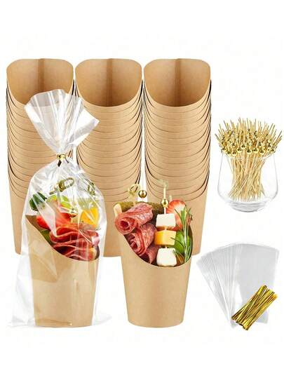 25/50/100 unidades Tazas para charcutería, Pinchos con perlas doradas falsas, Bolsas con bolsas portátiles y lazos retorcidos dorados, Pinchos de bambú, Palillos de dientes, Bolsas de plástico con lazos, Lazo retorcido para envolver regalos, Accesorios para tablas de charcutería para aperitivos, postres, patatas fritas, bodas y cumpleaños