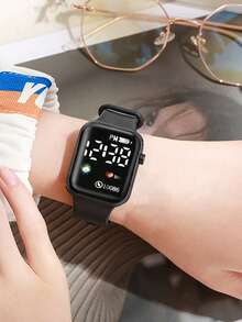 Bộ 5 chiếc/bộ thời trang thường ngày hình vuông màu đen bằng silicon họa tiết trái đất, đồng hồ kỹ thuật số LED, vòng tay hình trái tim, vòng cổ và hoa tai, quà tặng sinh nhật tuyệt vời cho trẻ em, thích hợp để đeo hàng ngày - màu đen - Xem 3