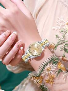 1 Stück Damen Armbanduhr mit rundem voll besetztem Zifferblatt, Armband aus Legierung, lässige Luxus Quarzuhr, geeignet für Partys, Urlaub, Geburtstag oder als Geschenk für Schwestern, das perfekte Geschenk für eine Frau (ohne Verpackung)