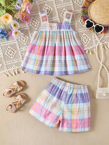 Young Girl Colorful Plaid Top + Comfortable Shorts Set, Fashionable & Cute Summer Outfit - Pink - View 2