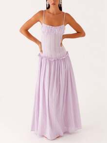 Women Y2K Maxi Dress Elegent Solid Color Spaghetti Strap Square Neck Pleated Front Flowy Long Dress Summer Backless Sleeveless Ruched Ruffle Hem Going Out Cami Dresses Party Club Beach Vacation Sundress - Màu tím - Xem 1