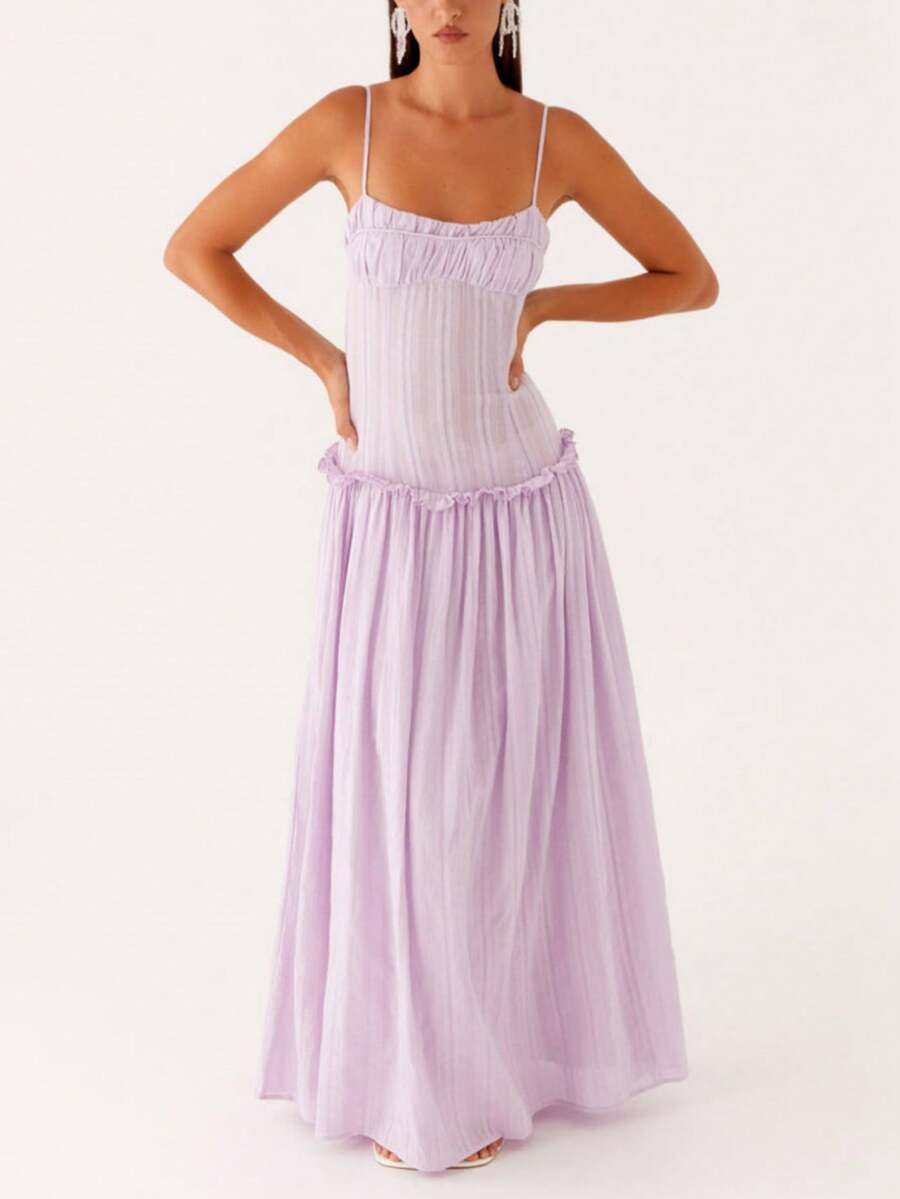 Women Y2K Maxi Dress Elegent Solid Color Spaghetti Strap Square Neck Pleated Front Flowy Long Dress Summer Backless Sleeveless Ruched Ruffle Hem Going Out Cami Dresses Party Club Beach Vacation Sundress - Màu tím - Xem 1