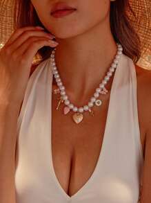 1 colar com pingente de pérola falsa, cereja, morango e margarida, elegante e moderno, acessório para mulheres, uso diário, festa, feriado