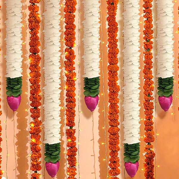 6 Pcs 30 Inch Diwali Decorations Artificial Jasmine Garland With Lotus Buds Pooja Decoration Traditional Mogra Jasmine Garland Wall Hanging For Varalakshmi Puja,Fall Decor,Autumn,Fake Plants