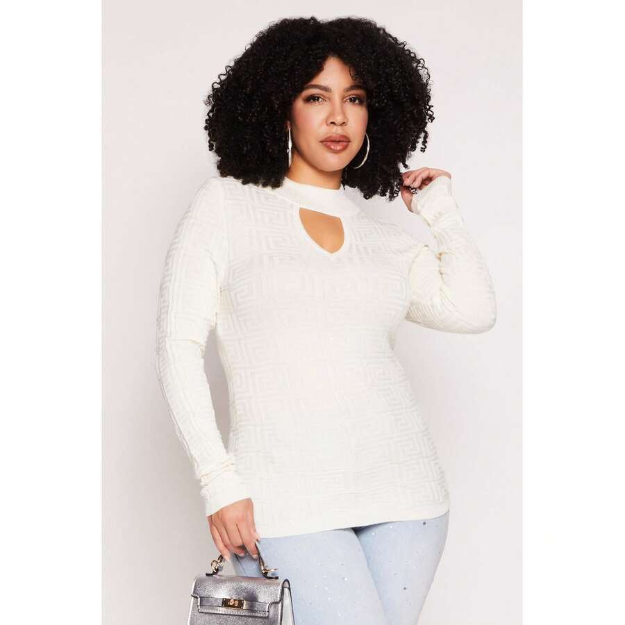 Plus Size Greek Key Mock Neck Keyhole Sweater - Multicolor - View 1
