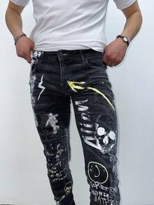 Men's Black Skinny Jeans With Graffiti Prints And Street Art Details - Black - View 1