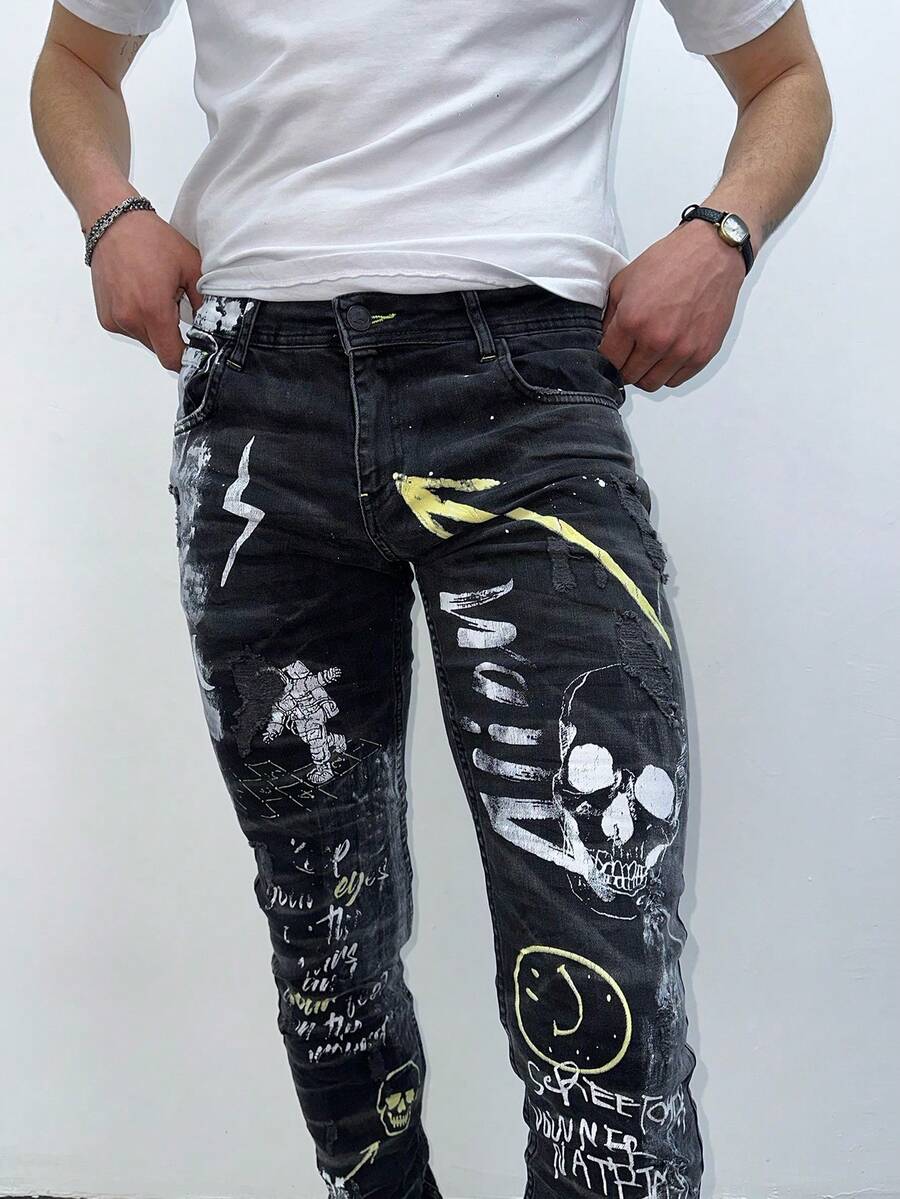 Men's Black Skinny Jeans With Graffiti Prints And Street Art Details - Black - View 1