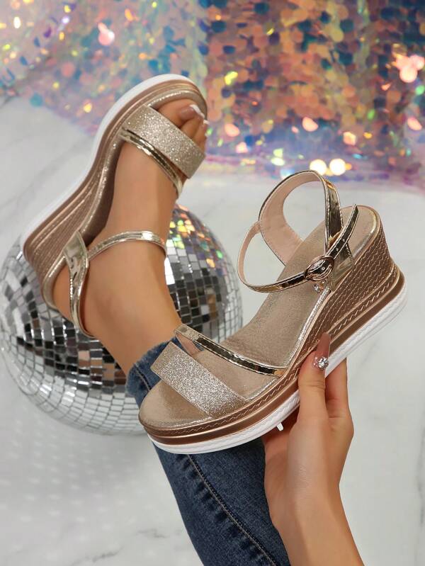 New Plus Size Women Simple Round Toe Double Strap Wedge Heel Casual Slippers Sandals, Comfortable Fashion Outdoor/Beach Summer Shoes