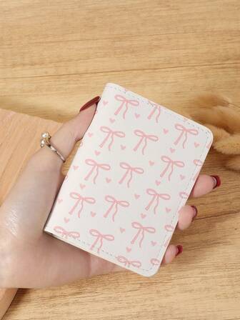 Rosa rosett- och hjärtmönster mini-plånbok, moderiktig minimalistisk korthållare, smal lätt och bärbar, kan rymma kontanter, ID, kreditkort, mynt, lämplig som födelsedagspresent, årsdagspresent till älskare, kvinnor, flickor, tonåringar, högskolestudenter, män